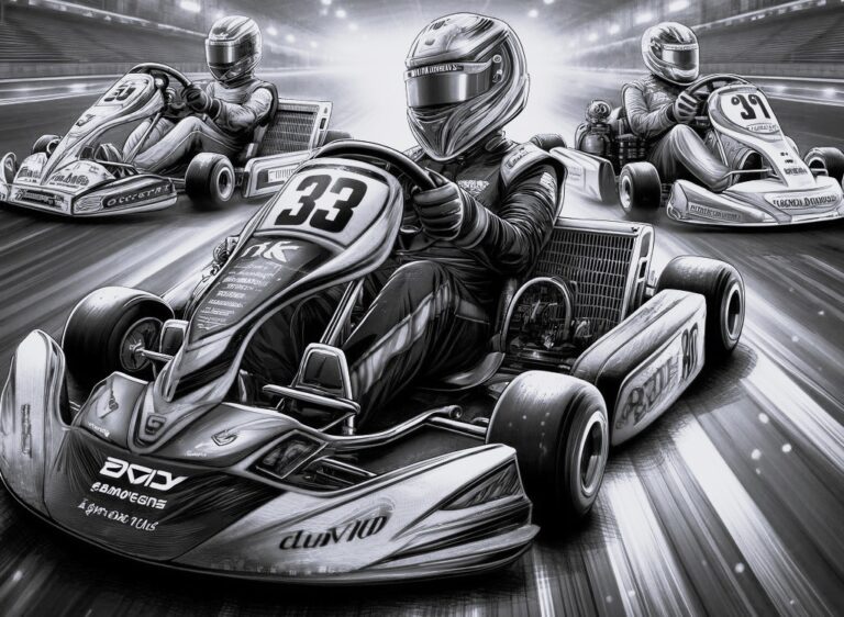 A high intensity arrive and drive go karting race with three go karts go in action. All drivers are wearing helmets and racing suits, emphasising the competitive nature of the event. The scene captures the dynamic motion of the karts on the track, with a sense of speed and excitement.