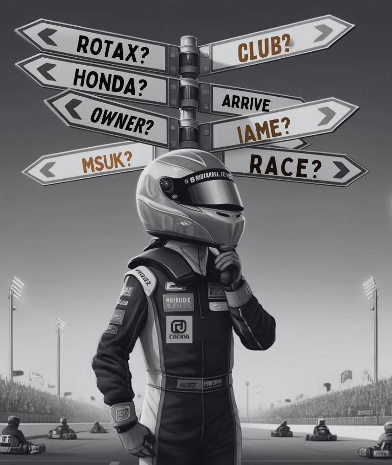 What kart should I buy? A kart racer stands thoughtfully at a track, facing a signpost with multiple karting options.